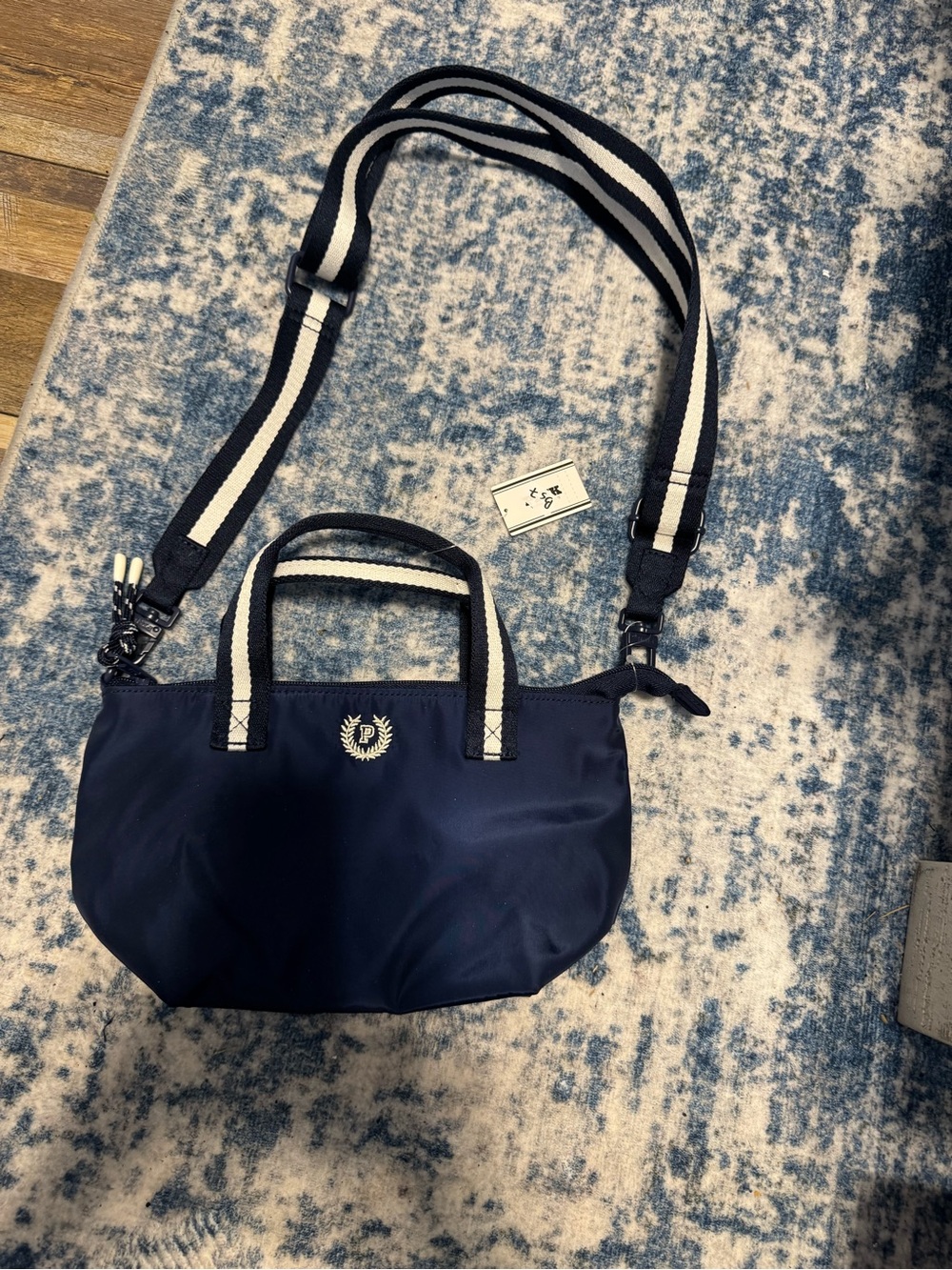 PINK Victoria's Secret Navy Crossbody with Black and White Striped Strap